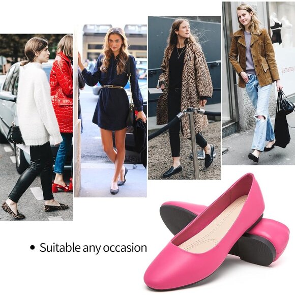 Women's Rose Red PU Leather Closed Toe Slip on Comfortable Ballet Flats Shoes - Picture 5 of 9